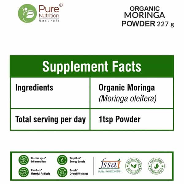 Pure Nutrition Organic Moringa Powder (Moringa Oleifera) | Usda Organic Certified - 227G
