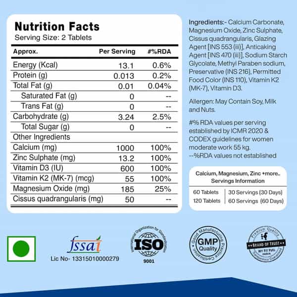 Myfitfuel Calcium Vitamin D 3 | K2 (Mk7) | Zinc | Magnesium Cissus. For Women Men (120 Tablets)