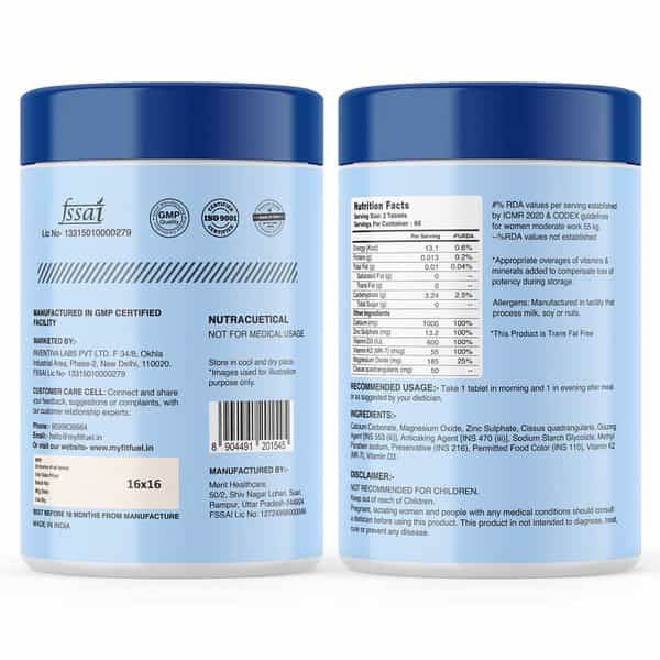 Myfitfuel Calcium Vitamin D 3 | K2 (Mk7) | Zinc | Magnesium Cissus. For Women Men (120 Tablets)