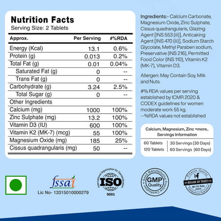 Myfitfuel Calcium Vitamin D 3 | K2 (Mk7) | Zinc | Magnesium Cissus. For Women Men (120 Tablets)