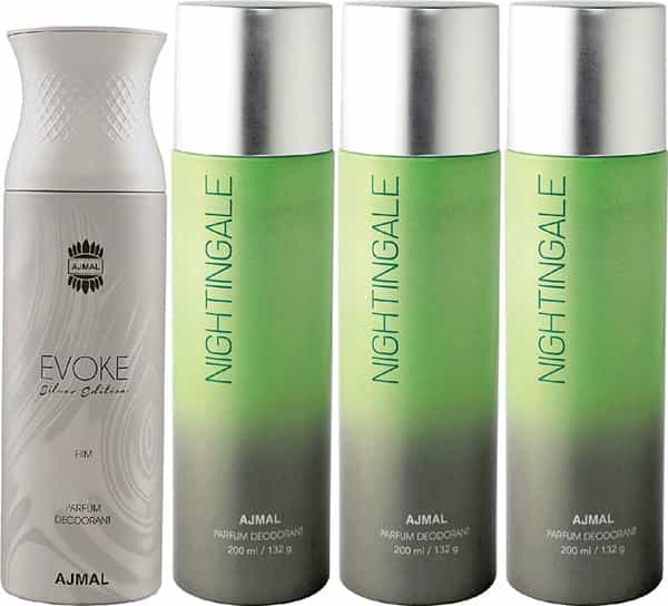 Ajmal 1 Evoke Silver Edition For Him For Men & 3 Nightingale For Men & Women Deo Each 200Ml Pack 4