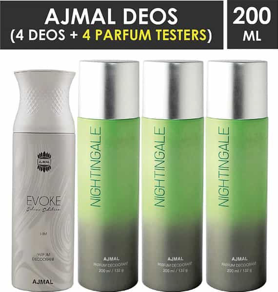 Ajmal 1 Evoke Silver Edition For Him For Men & 3 Nightingale For Men & Women Deo Each 200Ml Pack 4