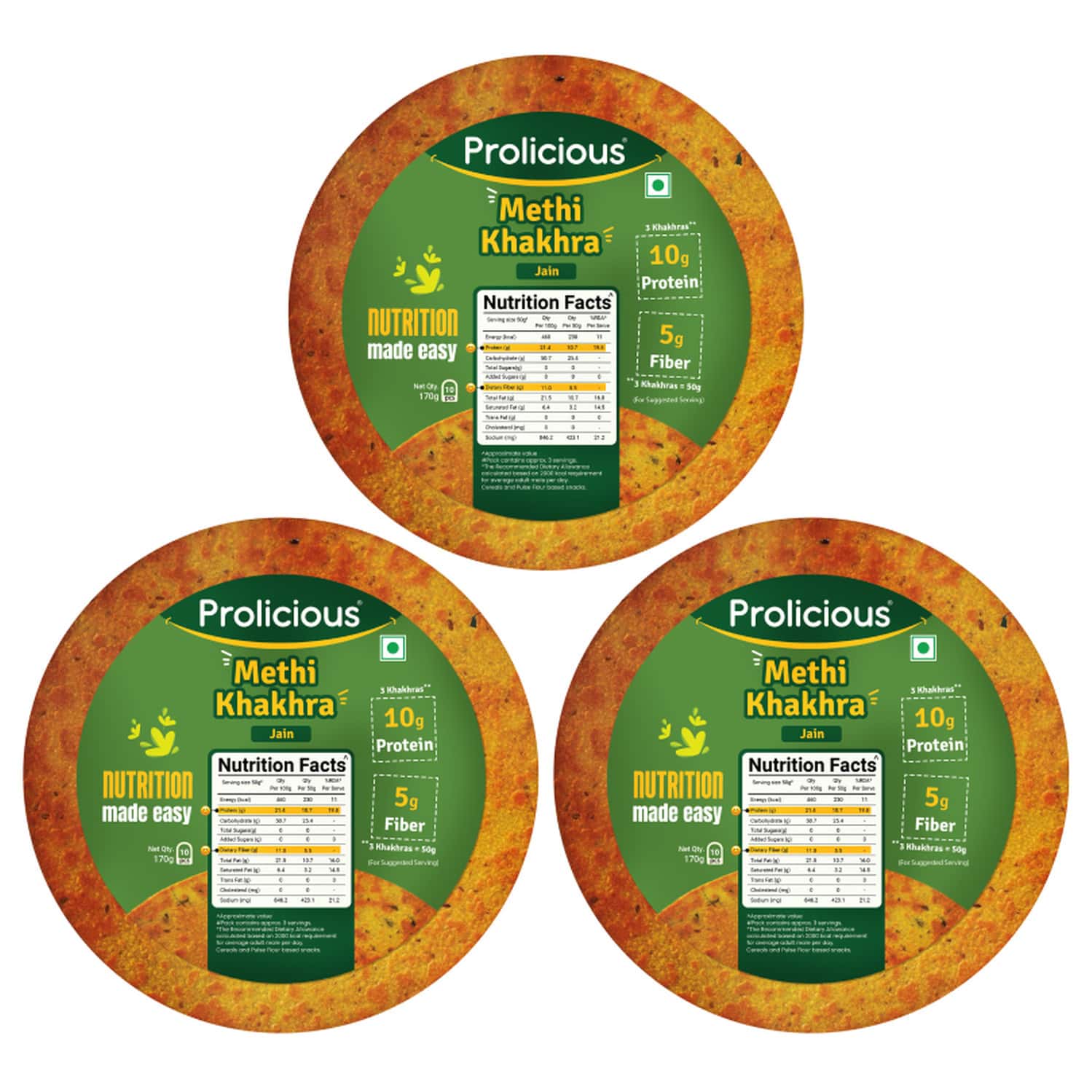 Prolicious Protein Methi Khakra | No Palm Oil | High Protein & Fiber | Roasted (170g | Pack Of 3)
