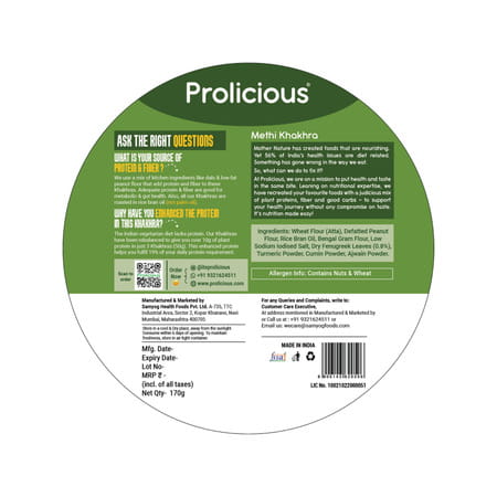 Prolicious Protein Methi Khakra | No Palm Oil | High Protein & Fiber | Roasted (170G | Pack Of 3)