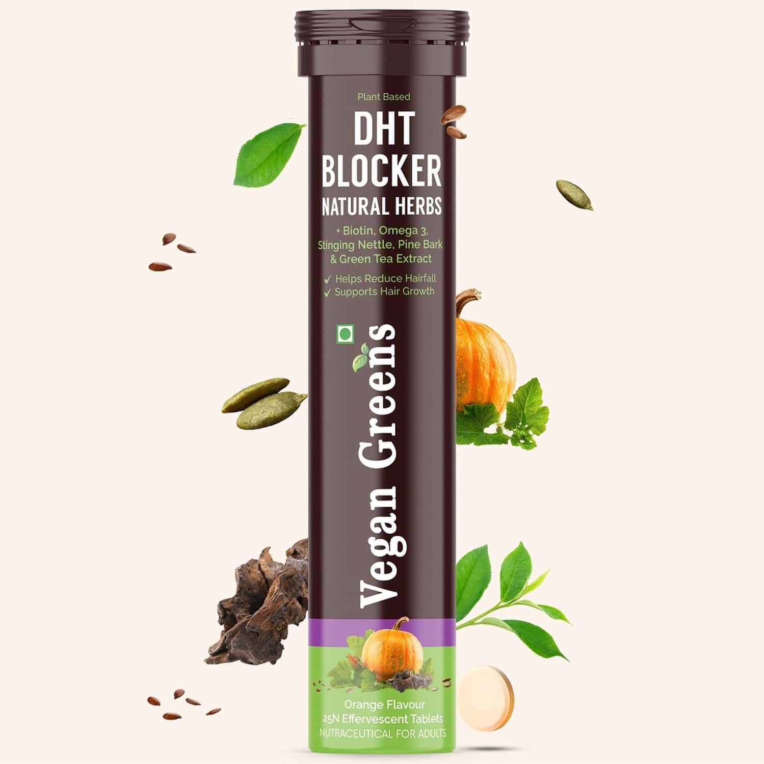 Vegan Greens Plant Based Dht Blocker With Biotin, Omega 3, Stinging Nettle & More. 25 Effer., Orange