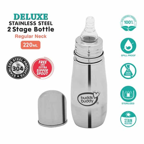 Buddsbuddy Deluxe Stainless Steel Regular Neck Feeding Bottle With Extra Spout Sipper 220Ml