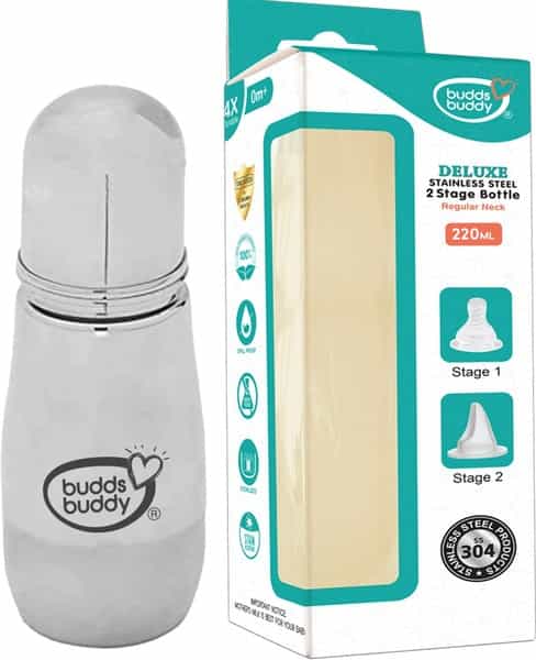 Buddsbuddy Deluxe Stainless Steel Regular Neck Feeding Bottle With Extra Spout Sipper 220Ml