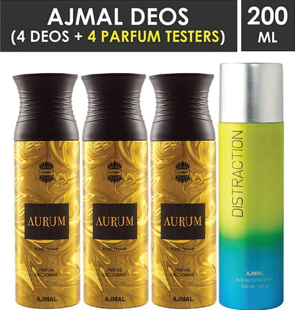 Ajmal 3 Aurum Femme For Women & 1 Distraction For Men & Women Deodorants Each 200ml Combo Pack Of 4