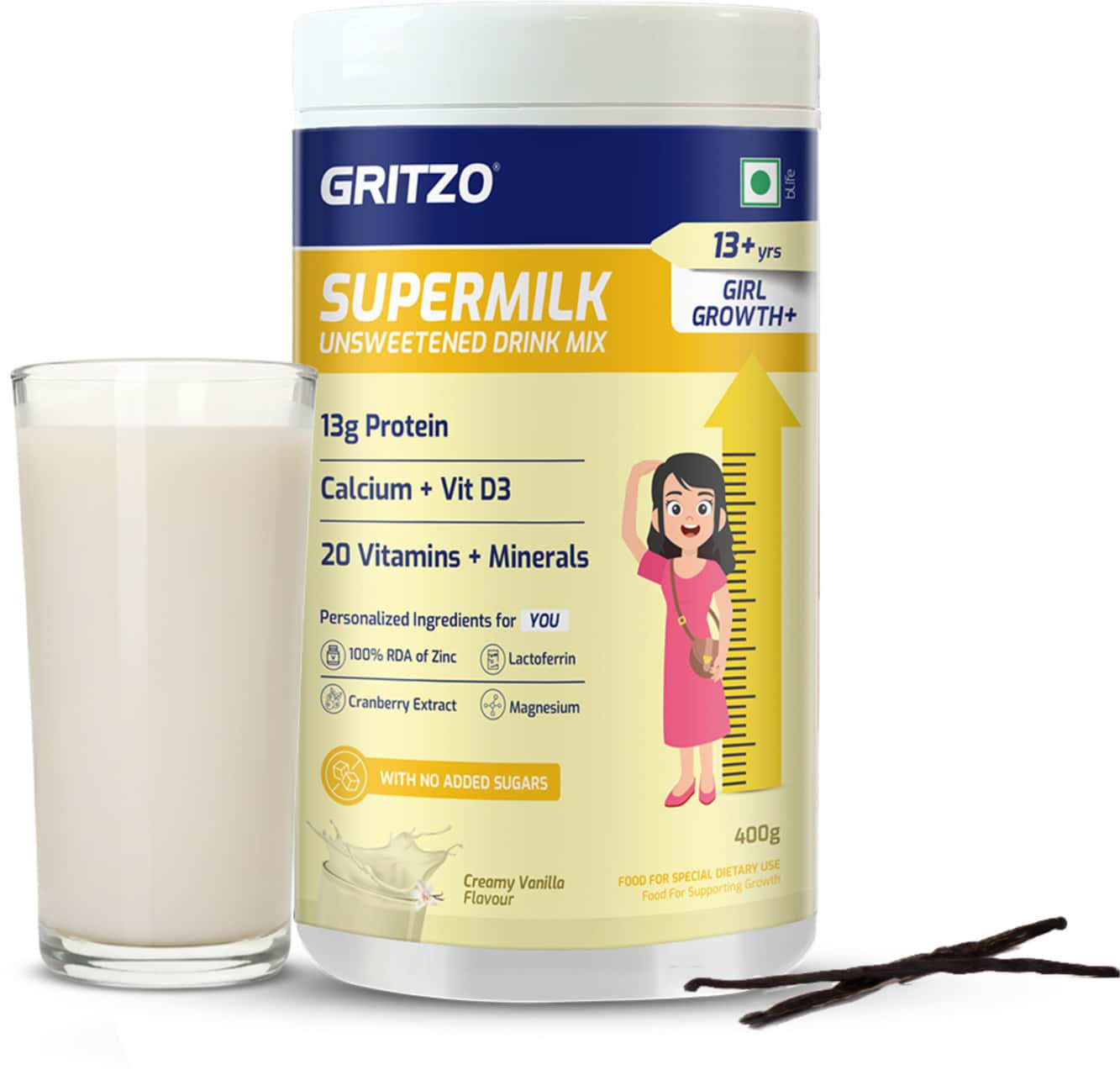 Gritzo Supermilk Growth+ (formerly Height+) Unsweetened (13+y Girls) (creamy Vanilla | 400g)