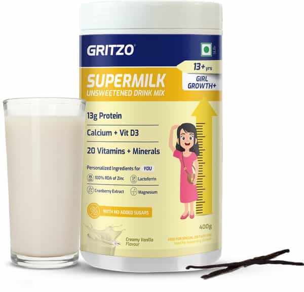 Gritzo Supermilk Growth+ Unsweetened Drink Mix (13+Y Girls) | 13G Powder (Creamy Vanilla | 400G)