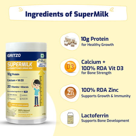 Gritzo Supermilk Height+ Drink Mix For Boys (13+ Yrs) | 400g | Creamy Vanilla