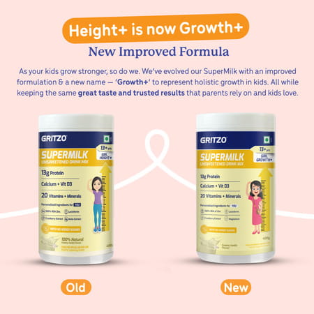 Gritzo Supermilk Growth+ (Formerly Height+) Unsweetened (13+Y Girls) (Creamy Vanilla | 400g)