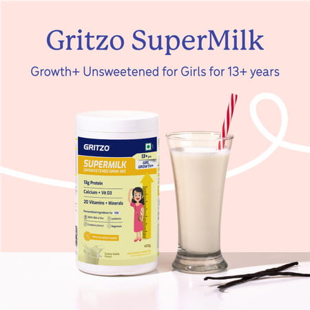 Gritzo Supermilk Growth+ (Formerly Height+) Unsweetened (13+Y Girls) (Creamy Vanilla | 400g)