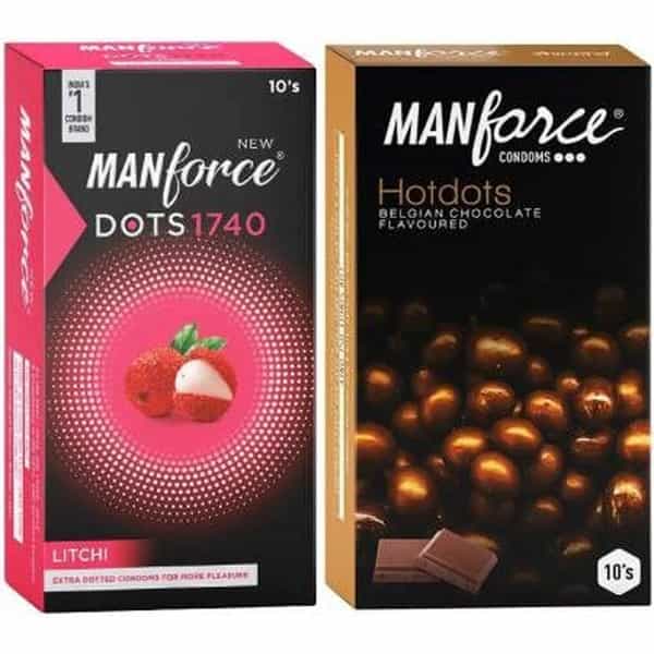 Manforce Extra Dotted Litchi & Premium Hotdots Belgian Chocolate Flavoured Condoms(Set Of 2 20 Pcs)