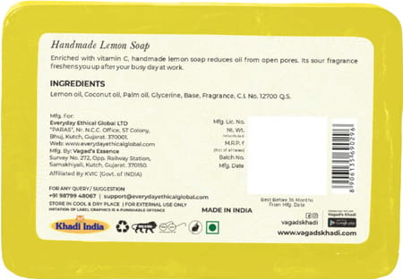 Vagad's Khadi Lemon Soap 125Gm | Reduces Oil From Open Pores | | Free From Parabens | Pack Of 3