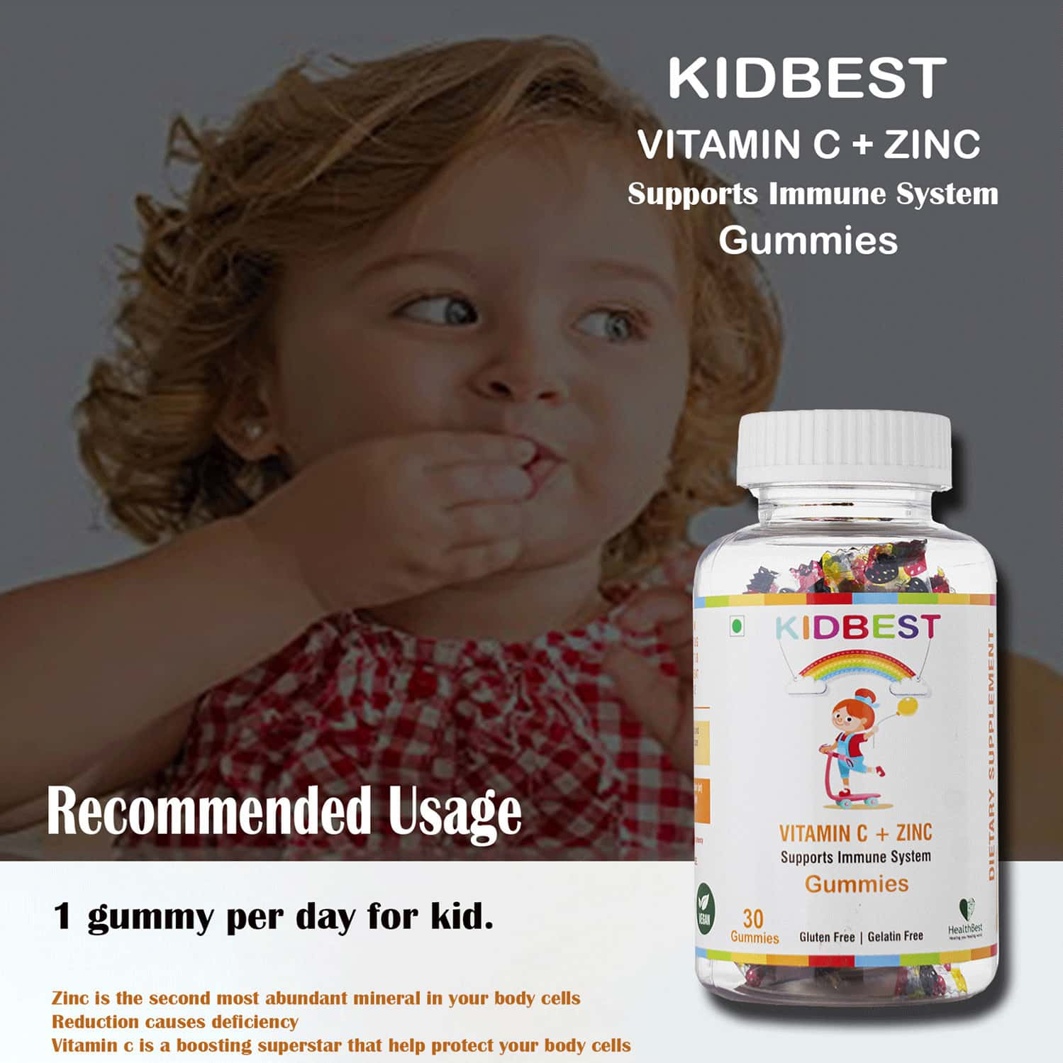 Healthbest Kidbest Vitamin C + Zinc Gummies For Kids|Immunity Booster|30 Gummies