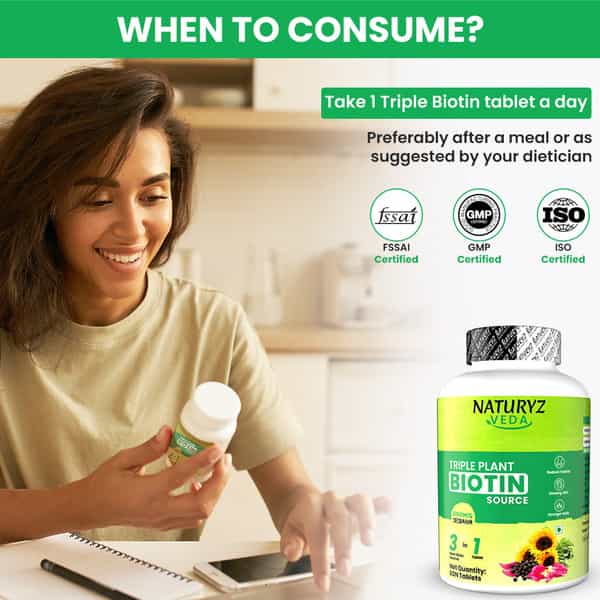 Naturyz Veda Triple Plant Natural Biotin Tablets 10000Mcg For Hair Growth, Skin & Nails - 60 Tablets