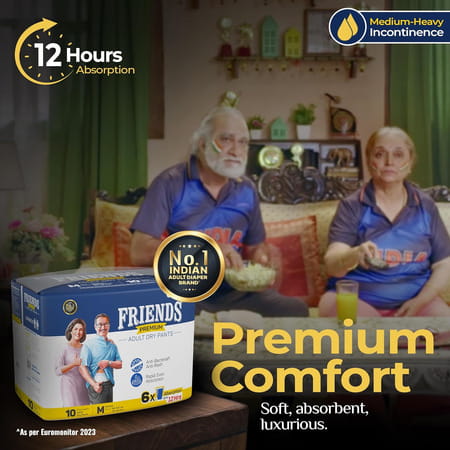 Friends Premium Adult Dry Pants 6x Absorption Upto 12hrs M Size 25-48 Inch 10 Diapers