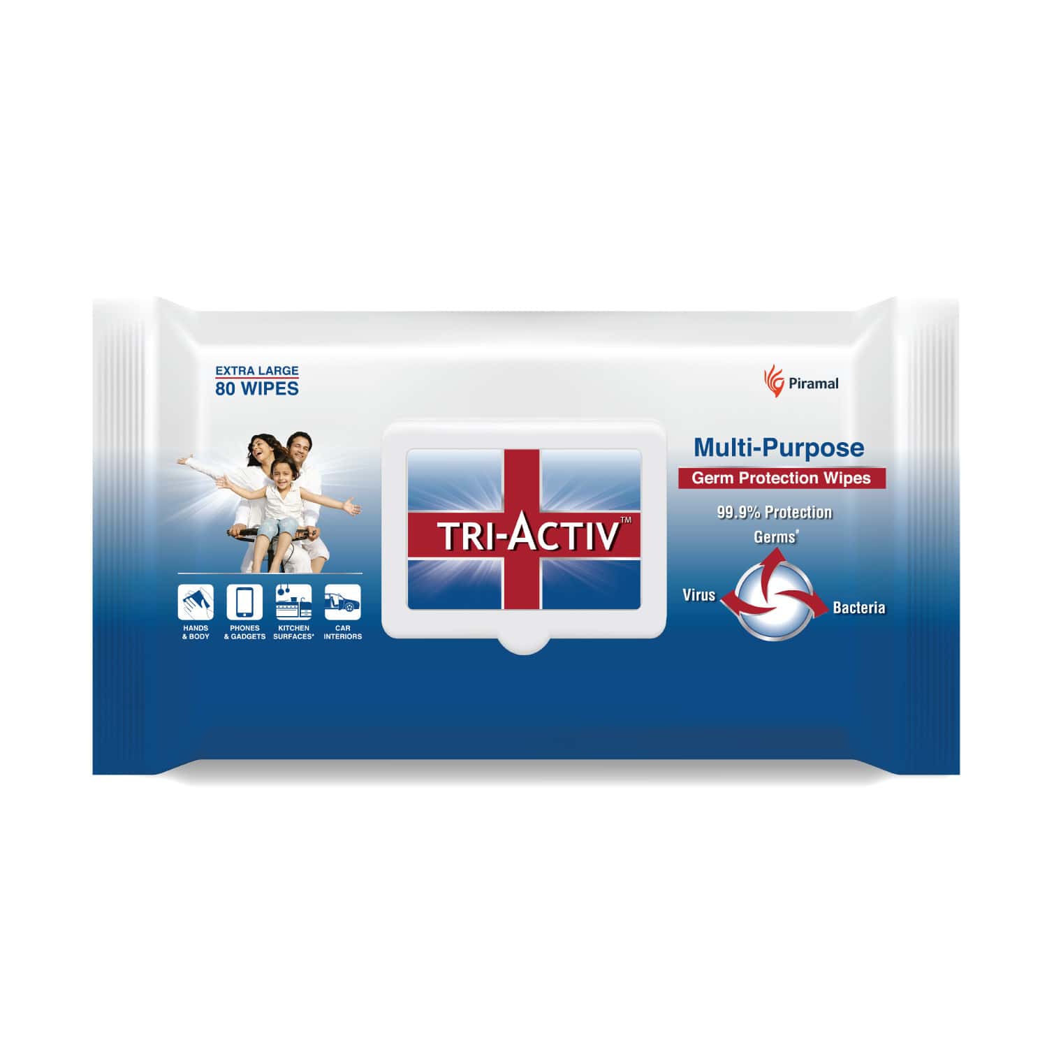 Tri-Activ Multi-Purpose Germ Protection Wipes | 80 Extra Large Wipes Lid Pack