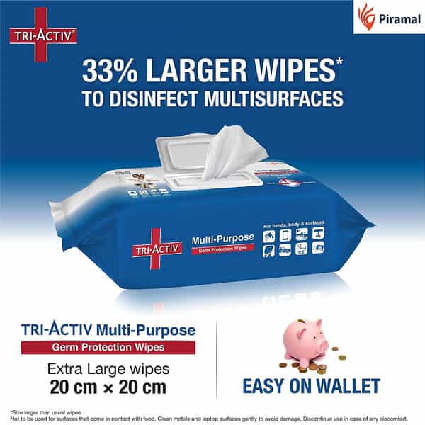 Tri-Activ Multi-Purpose Germ Protection Wipes | 80 Extra Large Wipes Lid Pack