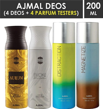 Ajmal 1 Aurum 1 Evoke Silver Edition For Him 1 Distraction And 1 Magnetize Deodorants Pack Of 4