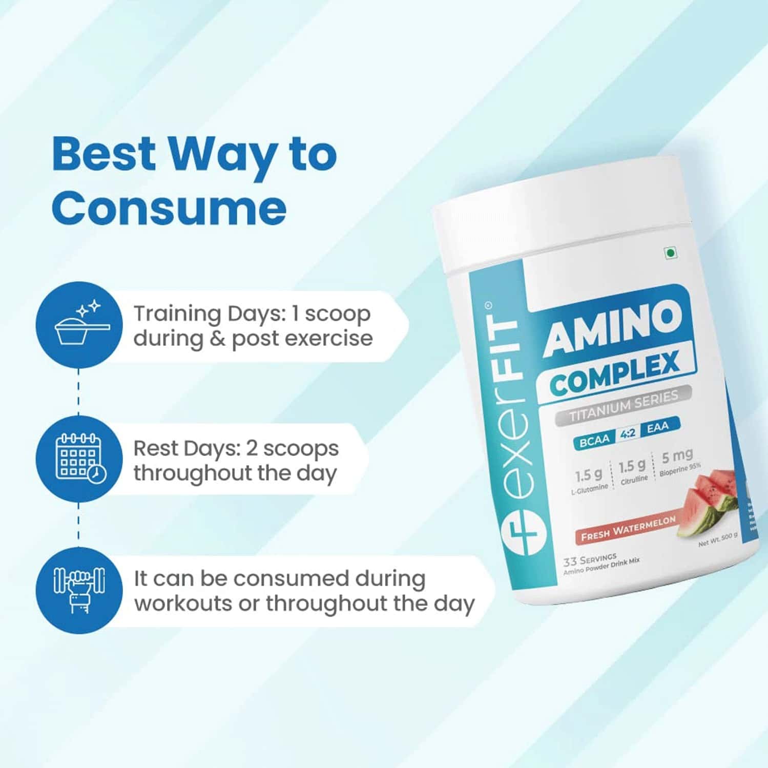 Buy EXERFIT AMINOS COMPLEX BLEND OF BCAA AND EAA (WATERMELON)500G