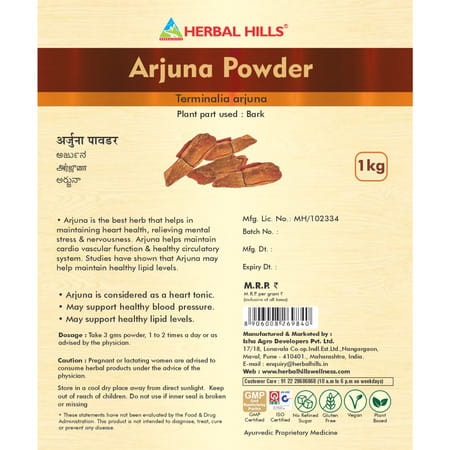 Herbal Hills Arjuna Powder - 1 Kg Natural And Pure Terminalia Arjuna Chaal Powder - Pack Of 4