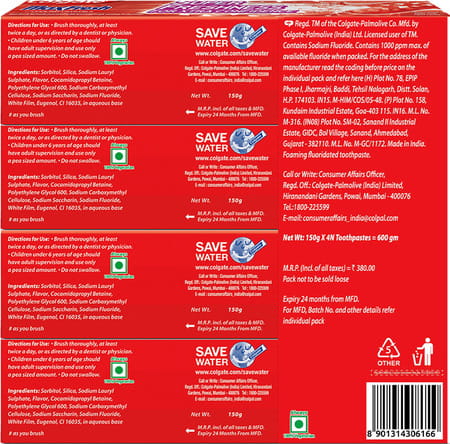 Colgate Maxfresh Toothpaste Red Gel Paste With Menthol - 150gx4(Spicy Fresh)-600g