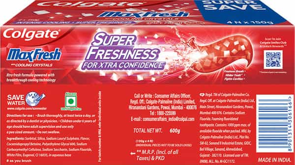 Colgate Maxfresh Toothpaste Red Gel Paste With Menthol - 150Gx4(Spicy Fresh)-600G