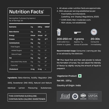 Nutrabay Gold Beta Alanine Supplement Powder - 120G | Lemon Flavor | Pre Workout Amino Acid