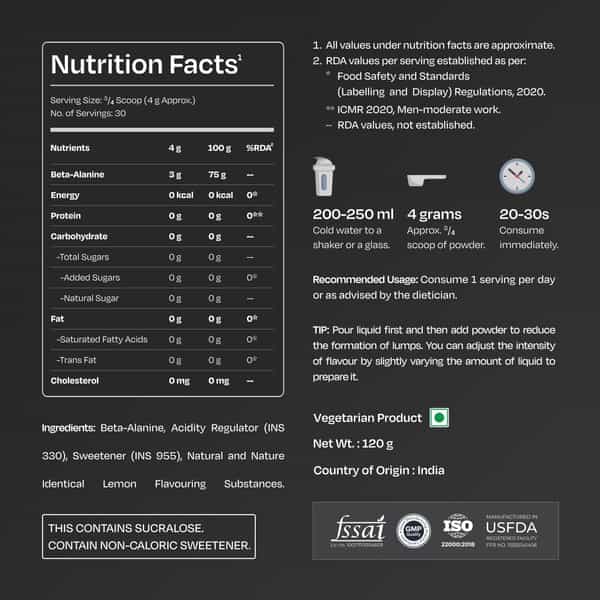 Nutrabay Gold Beta Alanine Supplement Powder - 120G | Lemon Flavor | Pre Workout Amino Acid