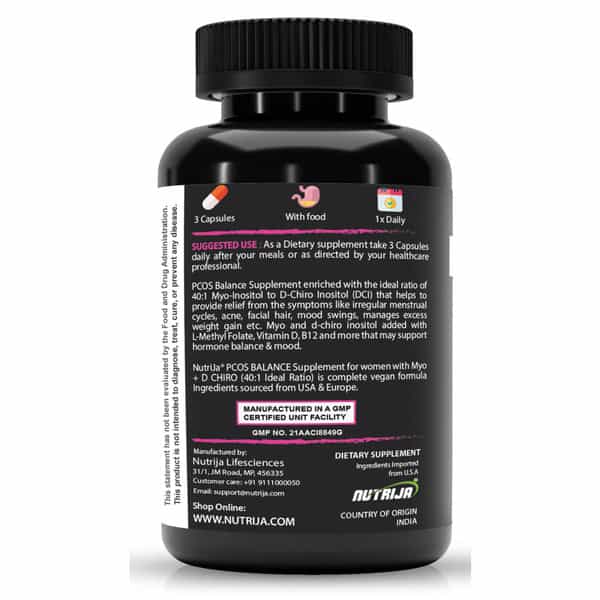 Nutrija Pcos Supplement - Myo Inositol 2000Mg | D-Chiro-Inositol 50Mg - 40:1 Ideal Ratio - 180 Caps