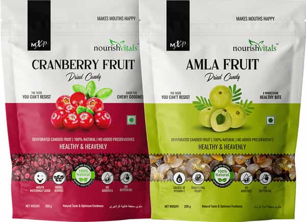 Nourishvitals Healthy Munching Combo | Cranberry Fruit Candy + Amla Fruit Dried Candy (200Gm Each)