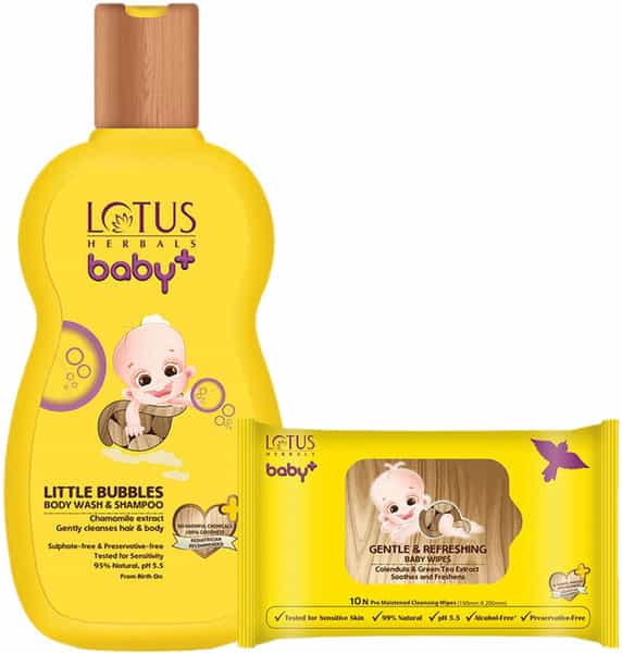 Lotus Herbals Baby+ Little Bubbles Combo Body Wash + Shampoo 200Ml Baby Wipes 10Pc 2 Product Combo