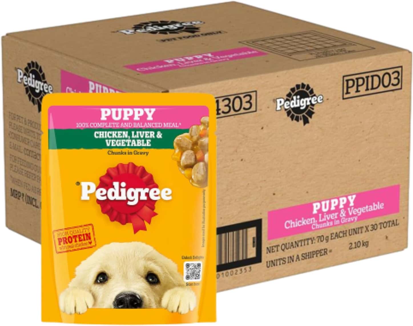 Pedigree Puppy Wet Dog Food | Chicken And Liver Chunks Flavour In Gravy With Vegetables | 30 X 70 G