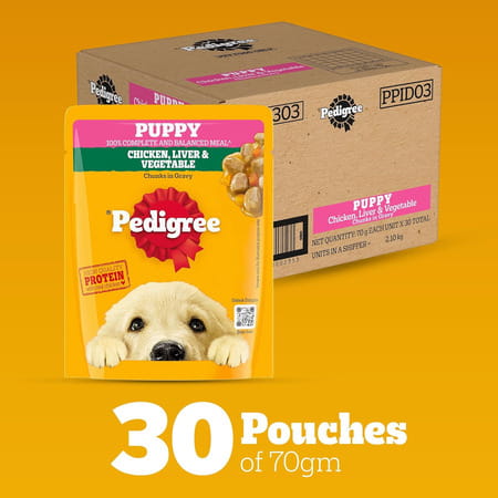 Pedigree Puppy Wet Dog Food | Chicken And Liver Chunks Flavour In Gravy With Vegetables | 30 X 70 G