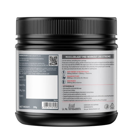 Muscleblaze Pre Workout 200 Xtreme (Fruit Punch | 30 Servings | 200G) | 200Mg Caffeine