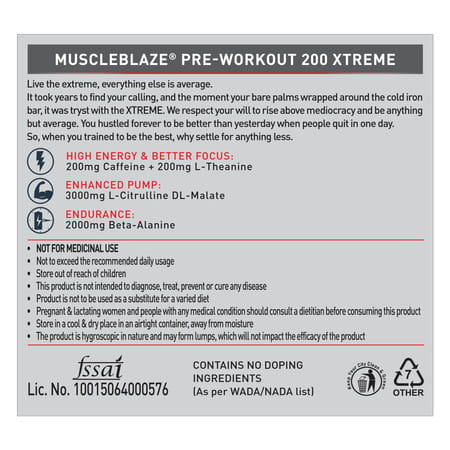 Muscleblaze Pre Workout 200 Xtreme (Fruit Punch | 30 Servings | 200G) | 200Mg Caffeine