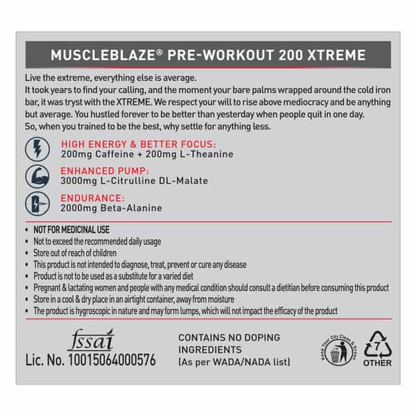 Muscleblaze Pre Workout 200 Xtreme (Fruit Punch | 30 Servings | 200G) | 200Mg Caffeine