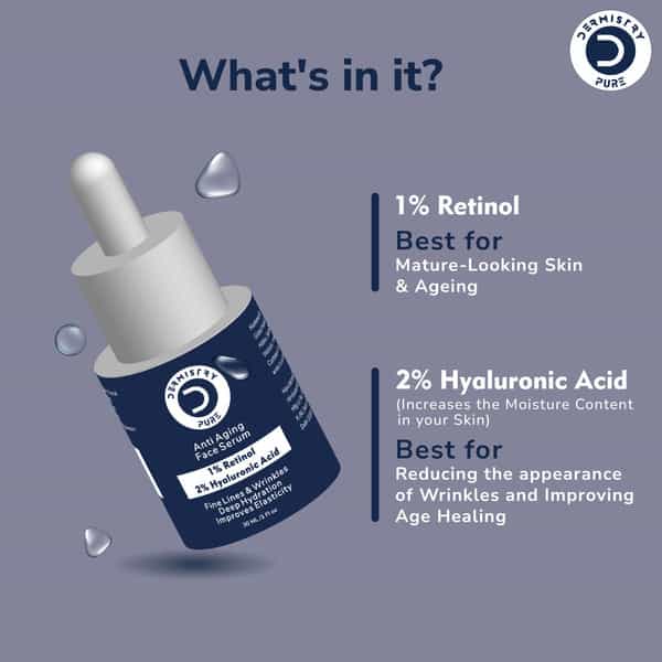 Dermistry 1% Retinol 2% Hyaluronic Acid Anti Aging Moisturizer Face Serum Fine Lines & Wrinkles 30Ml