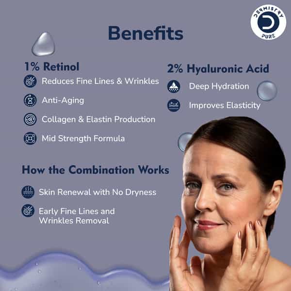 Dermistry 1% Retinol 2% Hyaluronic Acid Anti Aging Moisturizer Face Serum Fine Lines & Wrinkles 30Ml