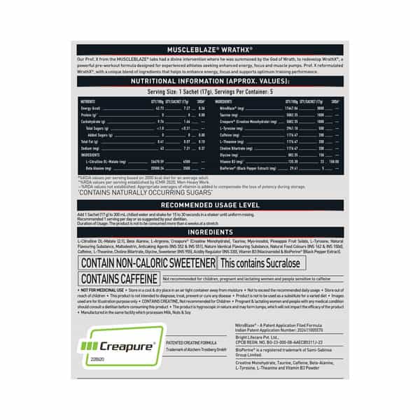 Muscleblaze Pre Workout Wrathx With Creapure ? | Enxtra | & Bioperine (Fruit Fury | 5X17g)