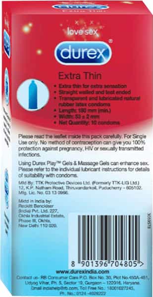 Durex Extra Thin Condoms For Men - 10 Count (Pack Of 10)