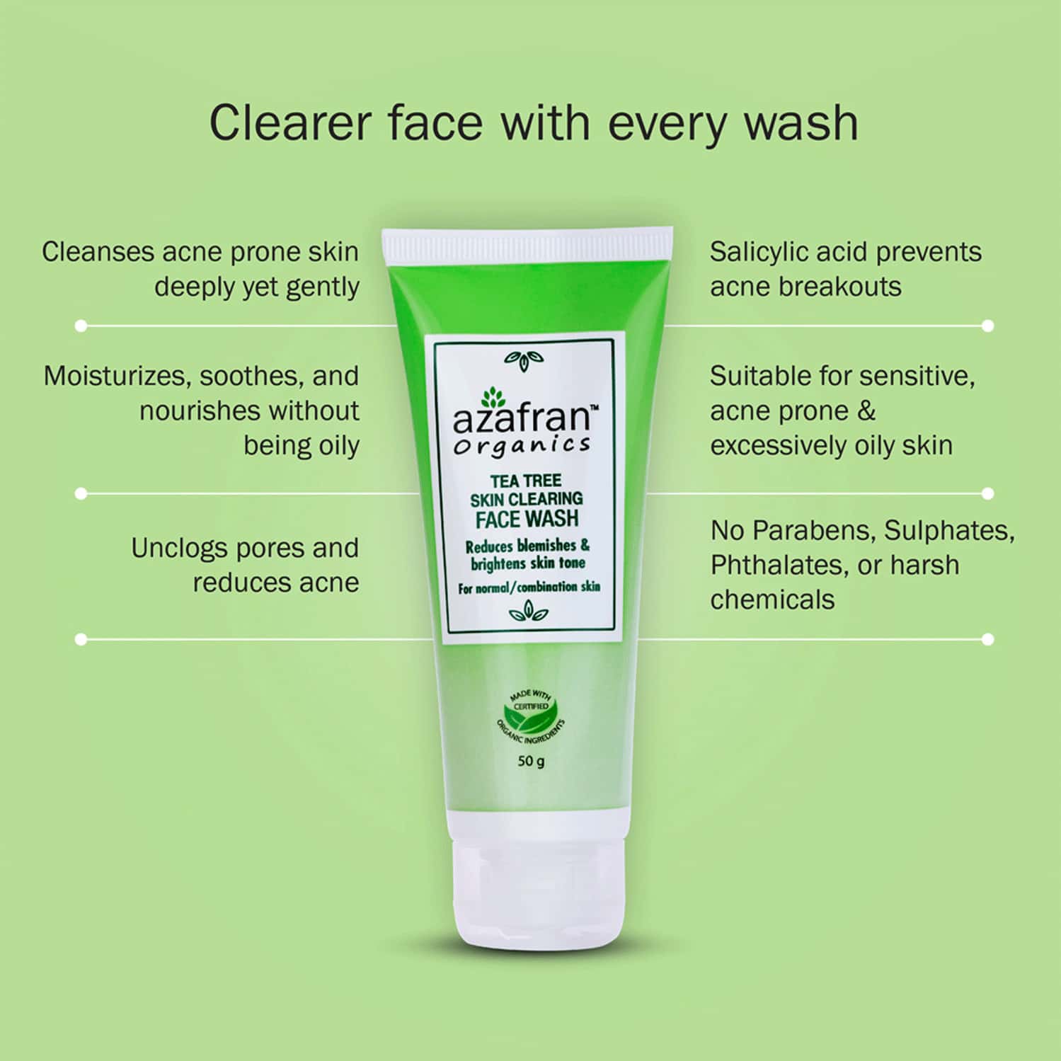 Buy AZAFRAN ORGANIC TEA TREE SKIN CLEARING FACE WASH (50GM) Online