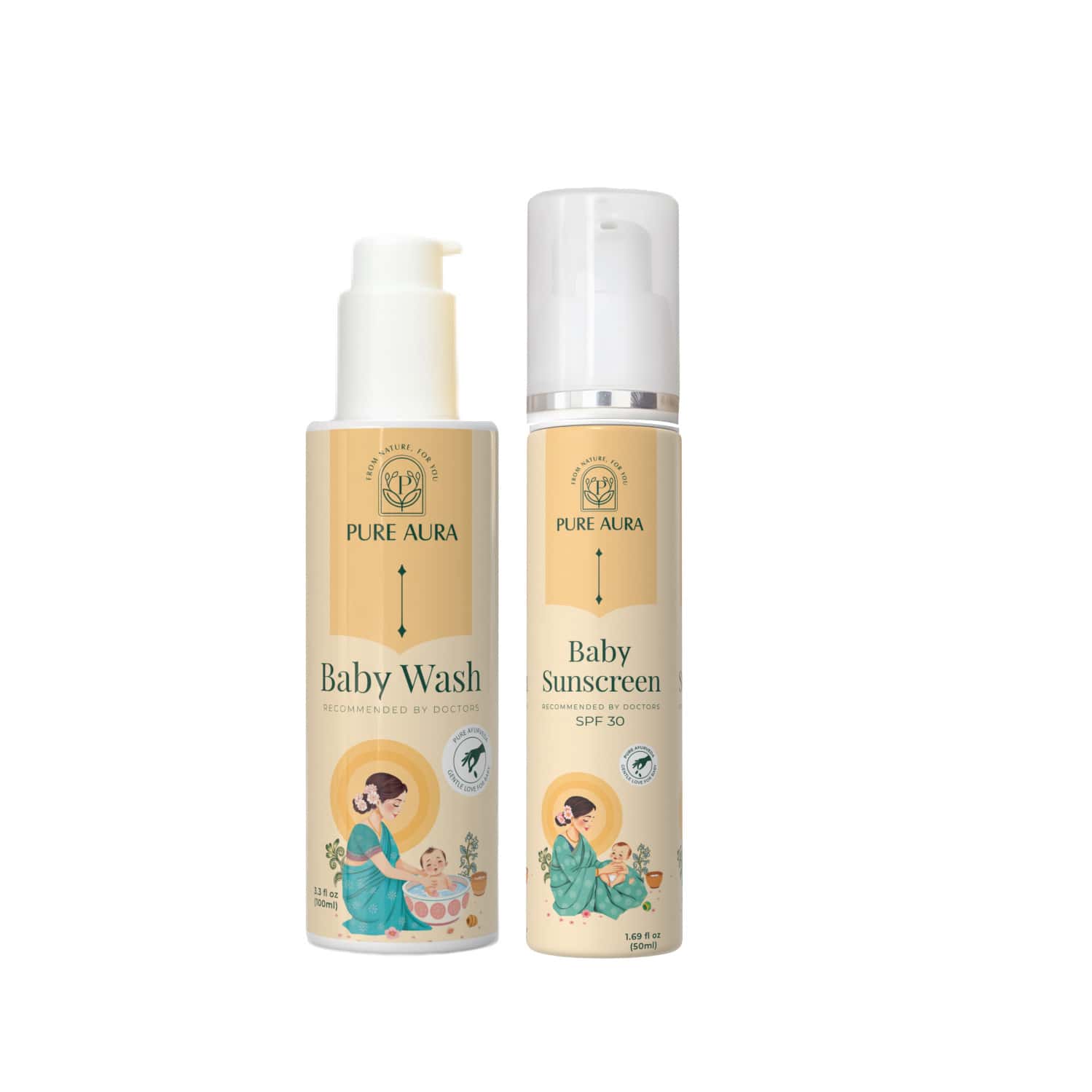 Pure Aura Babys Sun Safe Duo | Ayurvedic Baby Sunscreen Spf 30 & Baby Wash