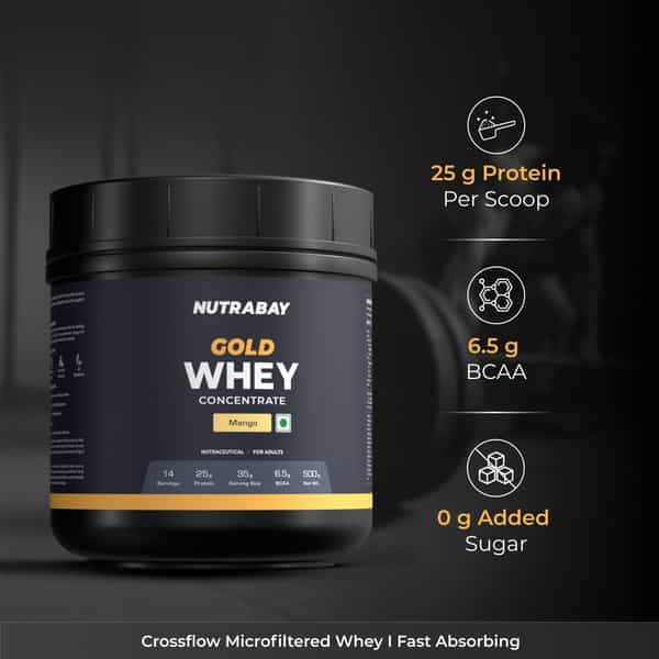 Nutrabay Gold 100% Whey Protein Concentrate|25G Protein|Muscle Support & Recovery|Mango | 500G