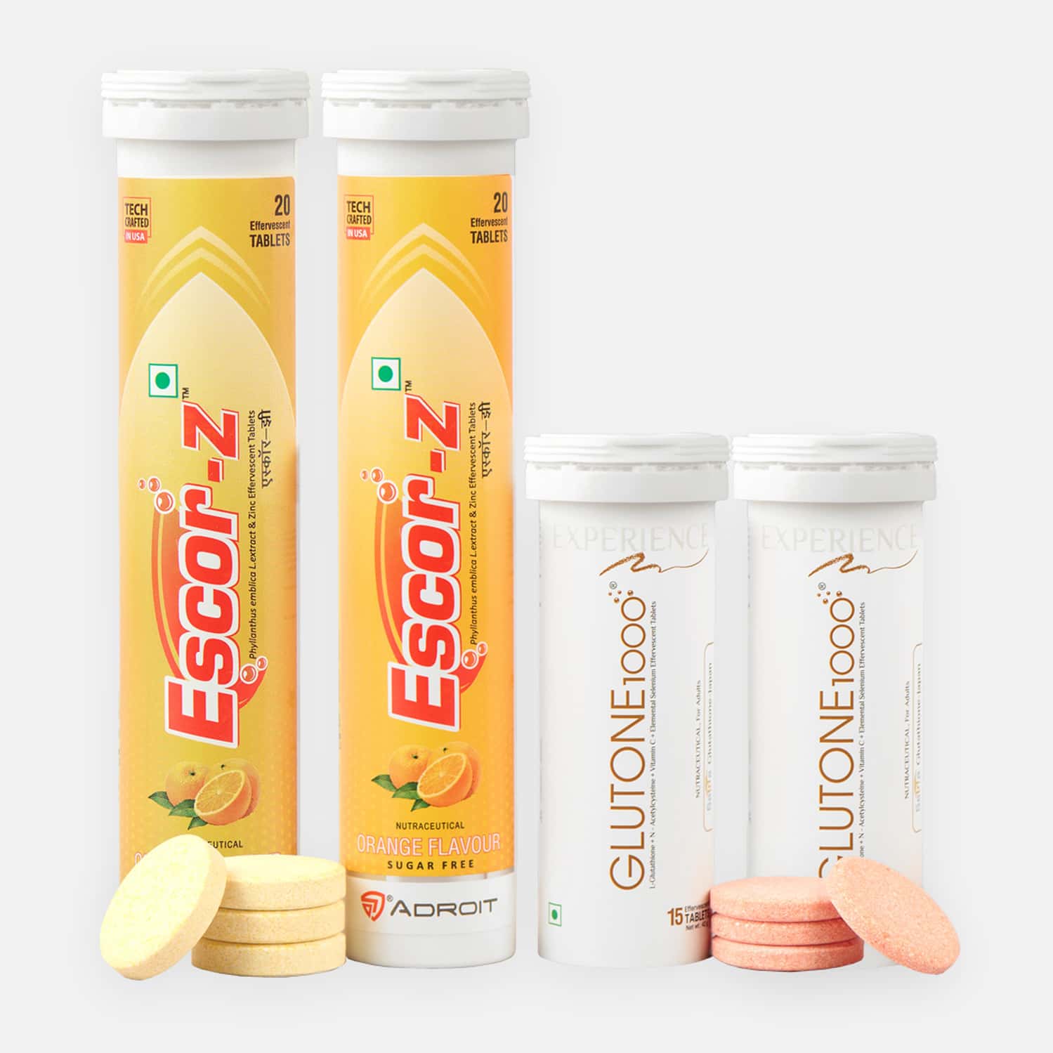Glutone 1000 & Escor-z - Setria Glutathione With Vitamin C Orange Flavor Tablets (skin Glow Combo)