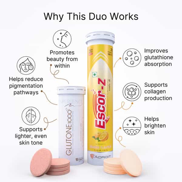 Glutone 1000 & Escor-Z - Setria Glutathione With Vitamin C Orange Flavor Tablets (Skin Glow Combo)