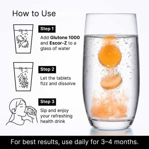 Glutone 1000 & Escor-Z - Setria Glutathione With Vitamin C Orange Flavor Tablets (Skin Glow Combo)