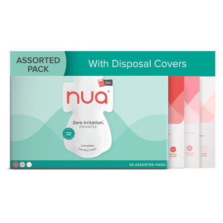 Nua Sanitary Pads | 12 Heavy Flow | 20 Medium Flow | 18 Light Flow | 50 Pads